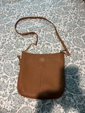 Tory Burch Cognac Pebbled Leather Crossbody with Gold Logo